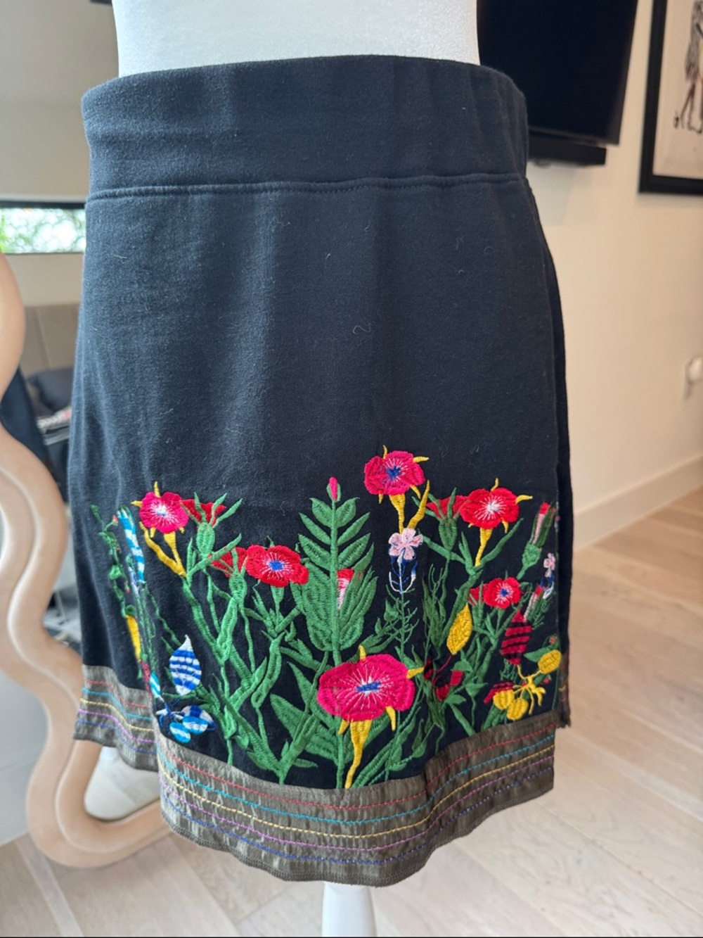 Black Embroidered Floral Mini Skirt